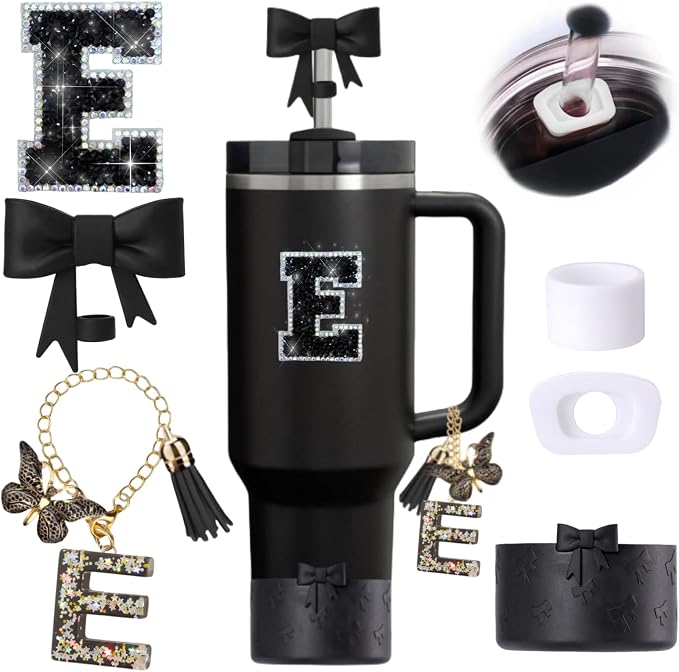 6pcs Black Stanley Cup Accessories Set, Bow Straw Topper by MOTEERLLU