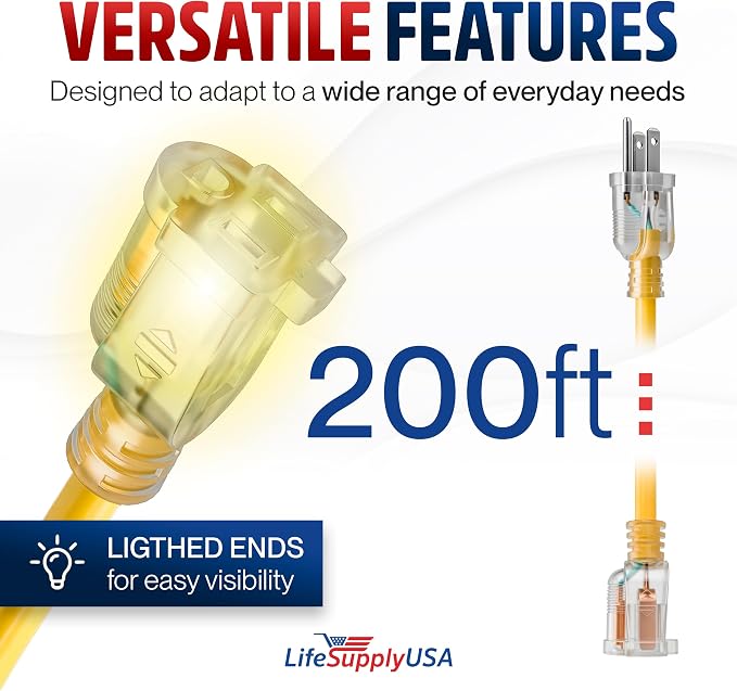 200ft Outdoor/Indoor Extension Cord 16/3 Gauge Heavy Duty 3 Prong SJTW - Image 6