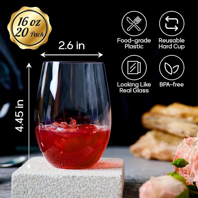 FOCUSLINE 20 Pack 16 Oz Plastic Wine Glasses, Stemless Plastic Wine Cups Heavy - Image 2