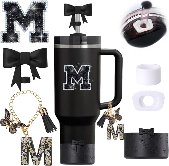 6pcs Black Stanley Cup Accessories Set, Bow Straw Topper by MOTEERLLU