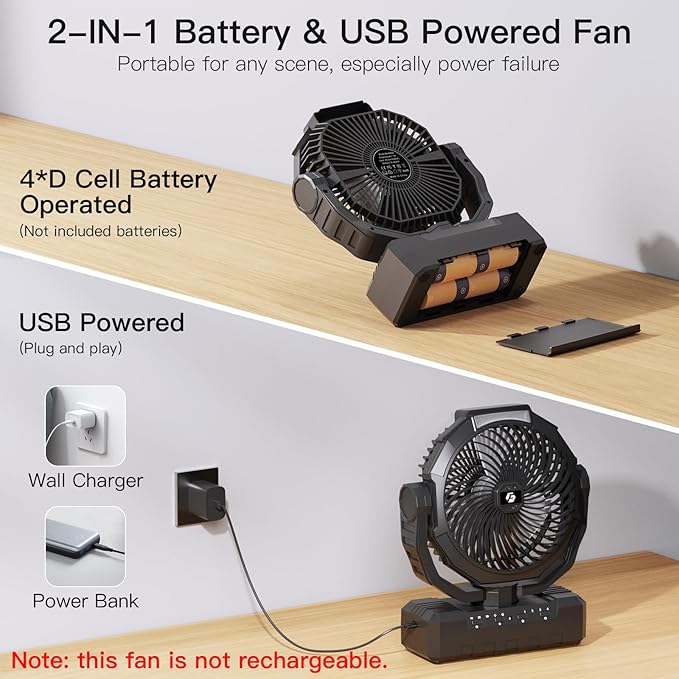 Battery Operated Fan, 2 in 1 D-Cell Battery & USB Powered Fans, Portable - Image 2