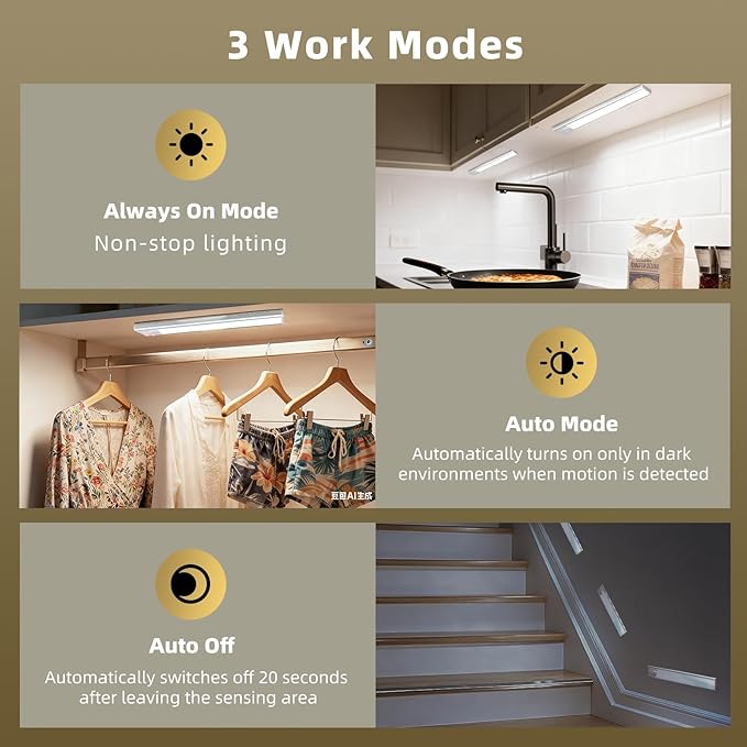 12inch Under Cabinet Lighting, 4 Pack Rechargeable Motion Sensor Light Indoor - Image 3