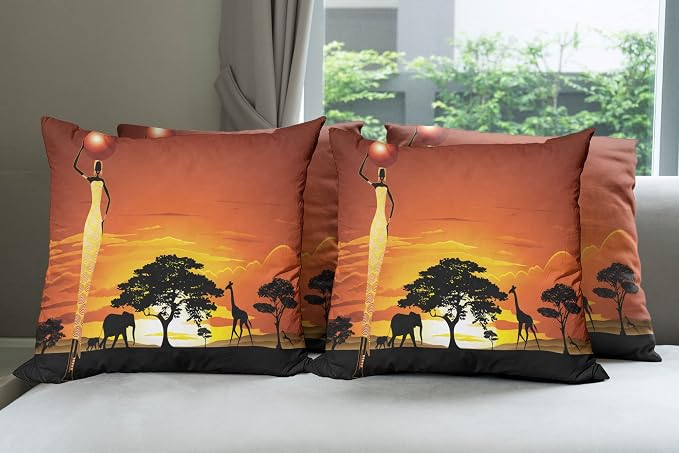 Ambesonne Elephant Throw Pillow Cushion Case Pack of 4, Woman and Wild Landscape by Ambesonne