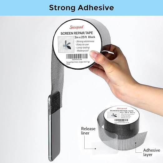 Secopad Black Window Screen Repair Tape, 3IN X 25FT Screen Repair Kit - Image 2