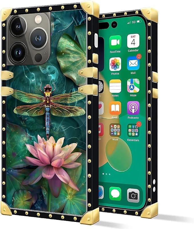 Compatible with iPhone 14 Pro Max Case, Colourful Dragonfly Pink Lily Pads - Image 2