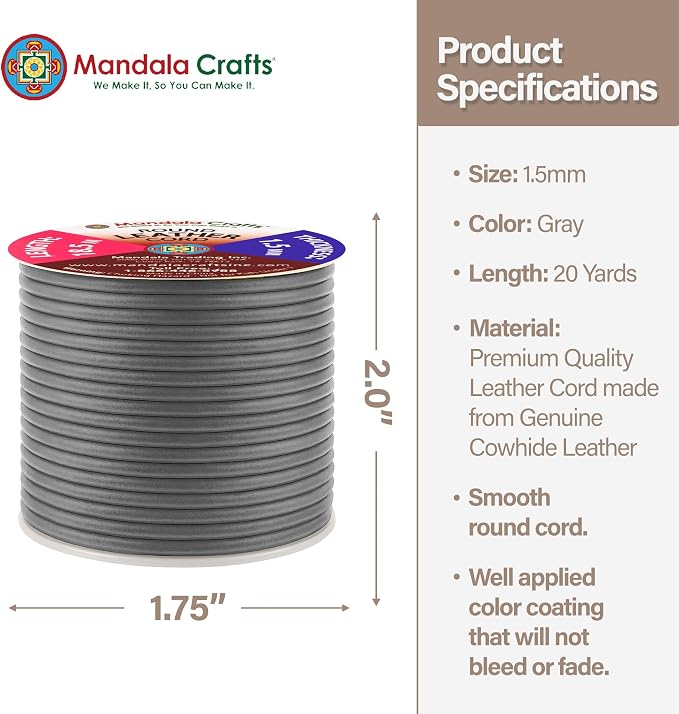 Mandala Crafts Round Cowhide Genuine Gray Leather Cord - Image 4