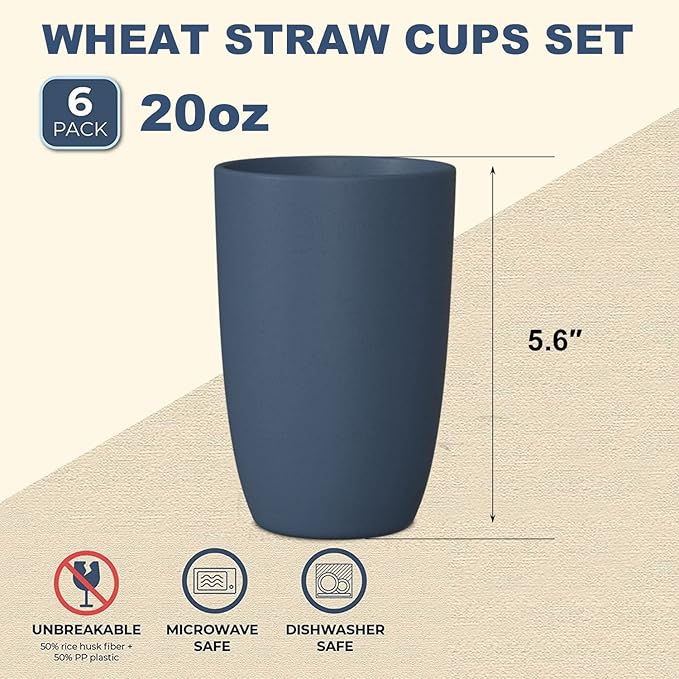 Wrova Wheat Straw Cups 6 PCS Good Alternative to Plastic Reusable Cups 20 oz - Image 2