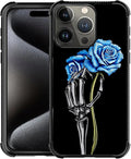 for iPhone 16 Pro Max Case, Skeleton Holding Blue Rose Pattern Graphic Design by FKBRCL4U