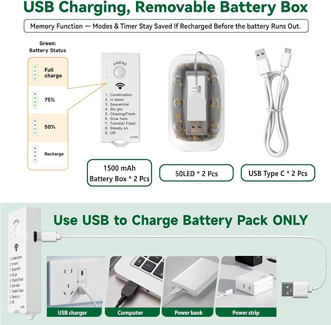 HXWEIYE Rechargeable Fairy Lights Battery Operated, DIY Timer & 8 Modes - Image 6