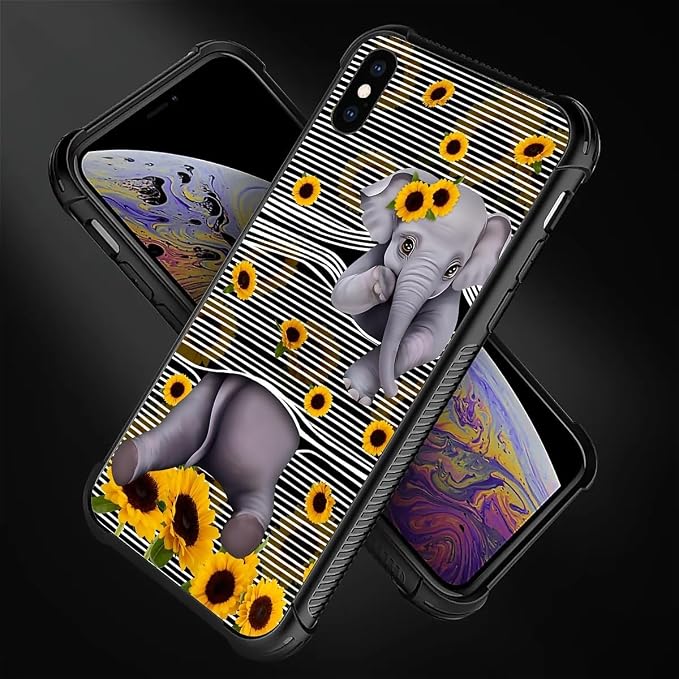 for iPhone Xs Max Case, Cute Little Elephant Sunflower White Line Art Pattern - Image 4