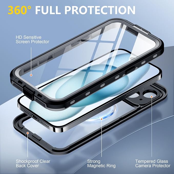 Red2Fire for iPhone 15 Case Waterproof, Phone Case 6.1" Black/Clear - Image 5