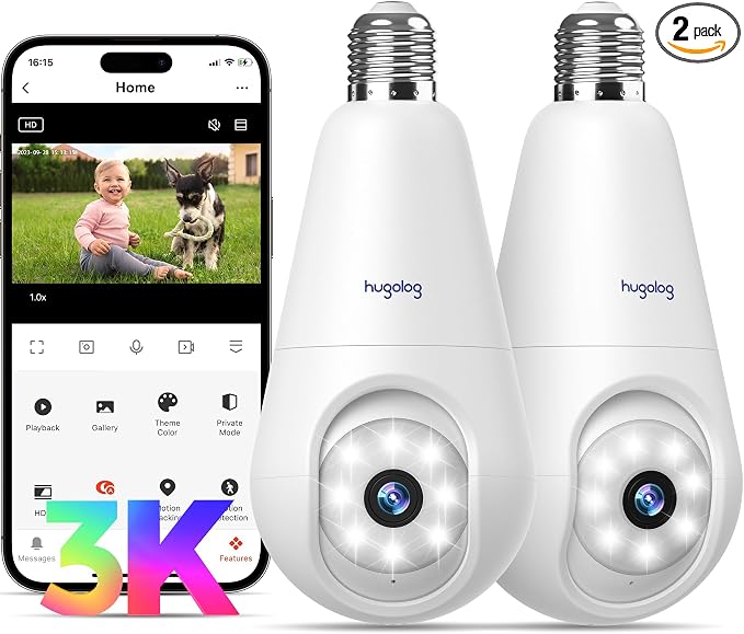 Hugolog 3K 5MP Light Bulb Security Cameras Wireless Outdoor-2.4GHz Cameras by Hugolog