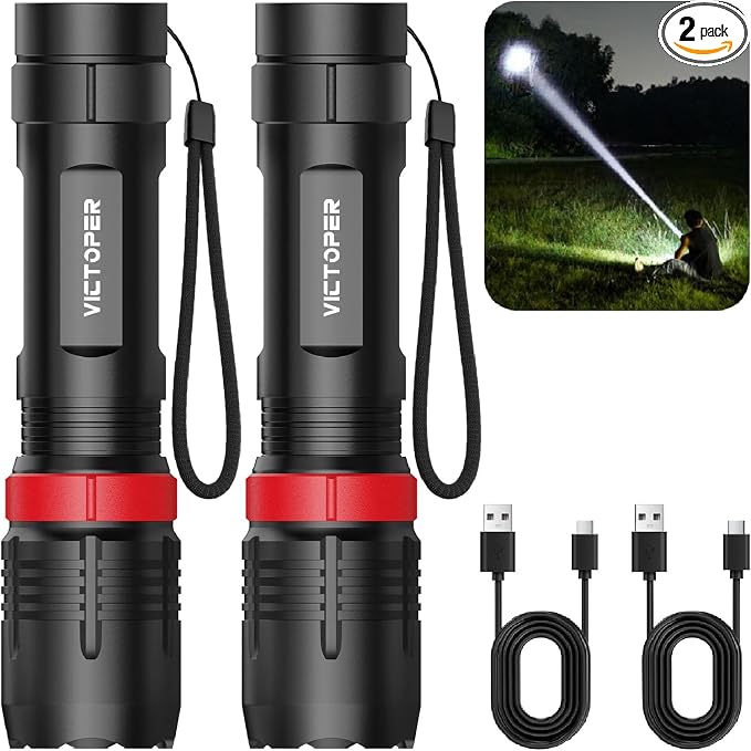 Victoper Rechargeabe Flashlight 2 Pack, High Lumens 5 Modes LED Bright Tactical by Victoper