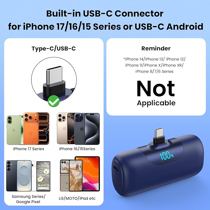 Mini Portable Charger for iPhone 17/16, 5500mAh LCD Display USB C Power Bank - Image 2