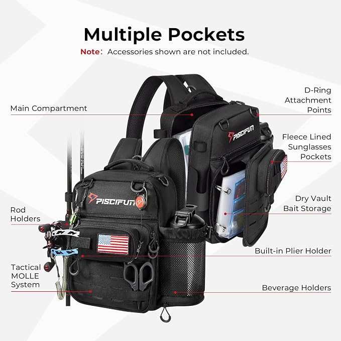 Piscifun Fishing Tackle Backpack, Convertible Sling or Waist Pack, 16-Pocket - Image 4