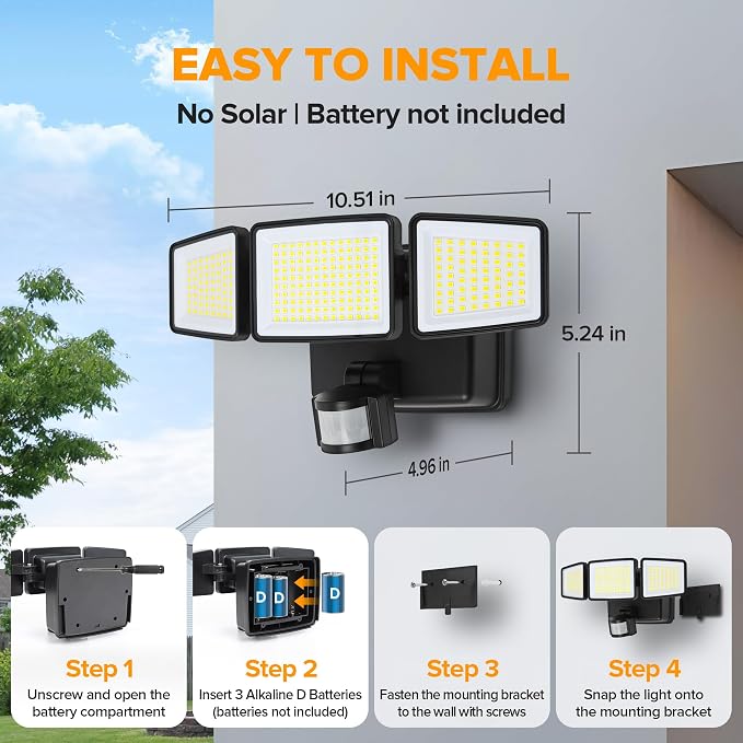 UME Battery Powered Motion Sensor Outdoor Lights 302 LED 1800LM, IP65 - Image 6