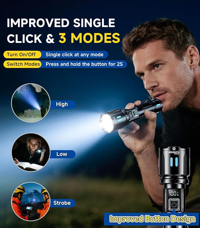 Esgofo Rechargeable Flashlights High Lumens 100000, Single Click Button Design - Image 3