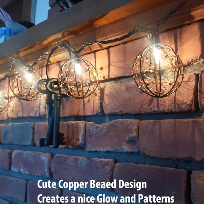 Outdoor Decorative Patio String Lights, Beaded Copper Wire Ball Style Lantern - Image 4