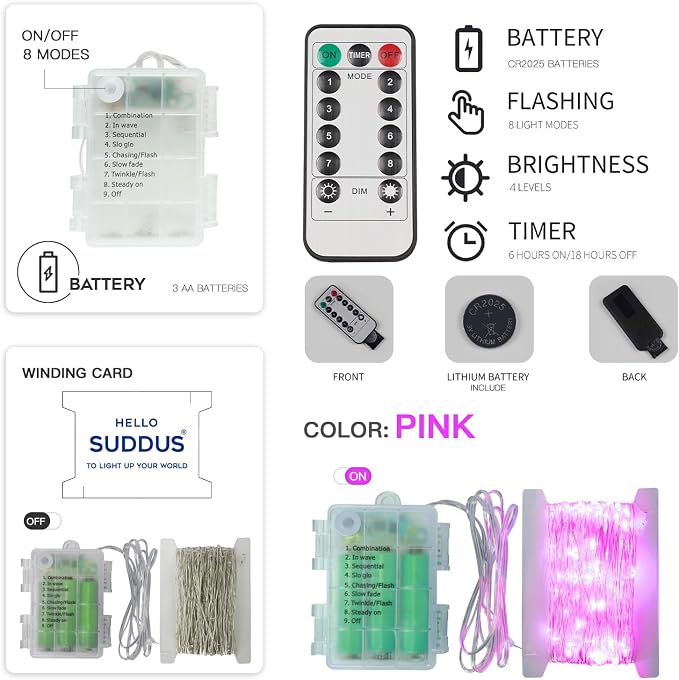suddus Pink Valentine Day Fairy Lights Battery Operated, 66ft 200 LED String - Image 9
