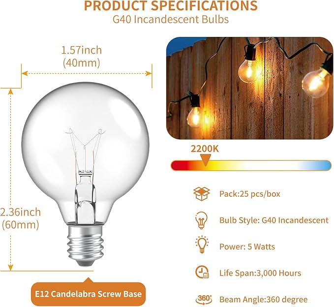 Meconard G40 Replacement Light Bulbs, E12 Candelabra Screw Base 5watt Dimmable - Image 2