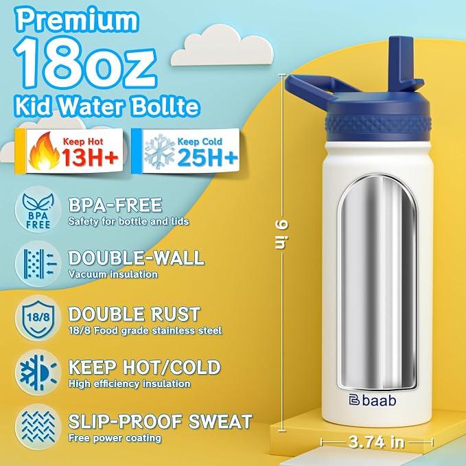 baab 18oz Kids Water Bottle, Insulated Water Bottle - Image 2