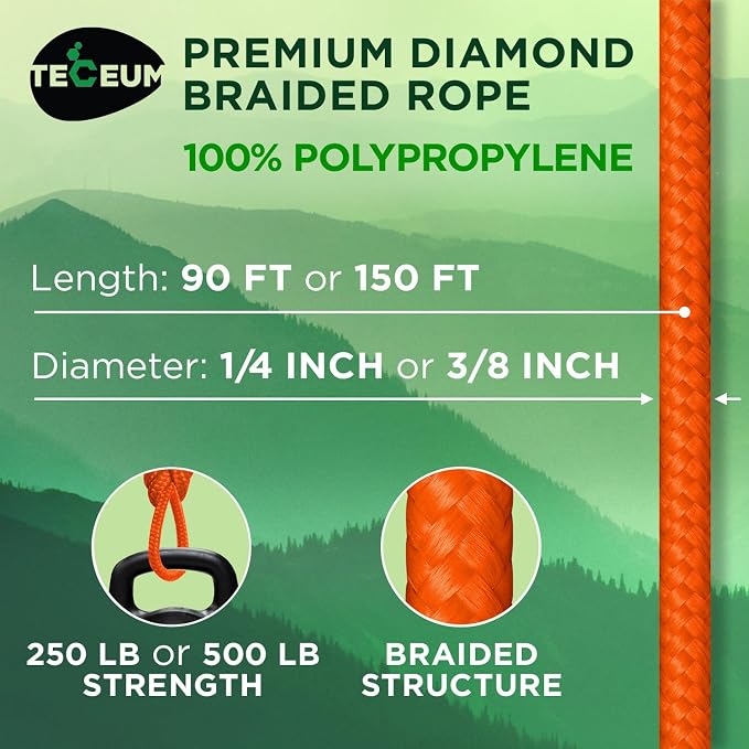 TECEUM Rope – 150 Feet x 1/4 Inch – Orange – Strong All-Purpose Utility Rope – - Image 2