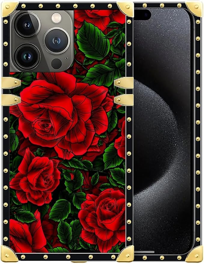 Compatible with iPhone 16 Pro Case, Vector Red Rose Green Leaf Luxury Golden by Unknown