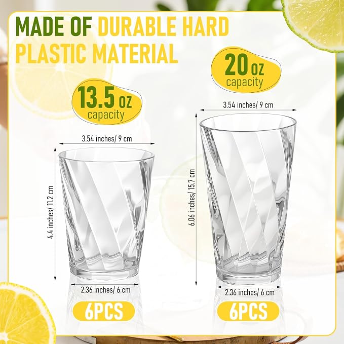 LemonRoad 12 Pack Reusable Plastic Drinking Glasses Set - 20oz & 13.5oz - Image 2
