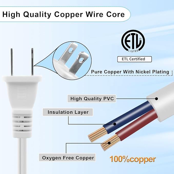 50 ft Extension Cord, 2 Prong Indoor Power Cord, 18AWG SPT-2 Flat Cord Design - Image 6