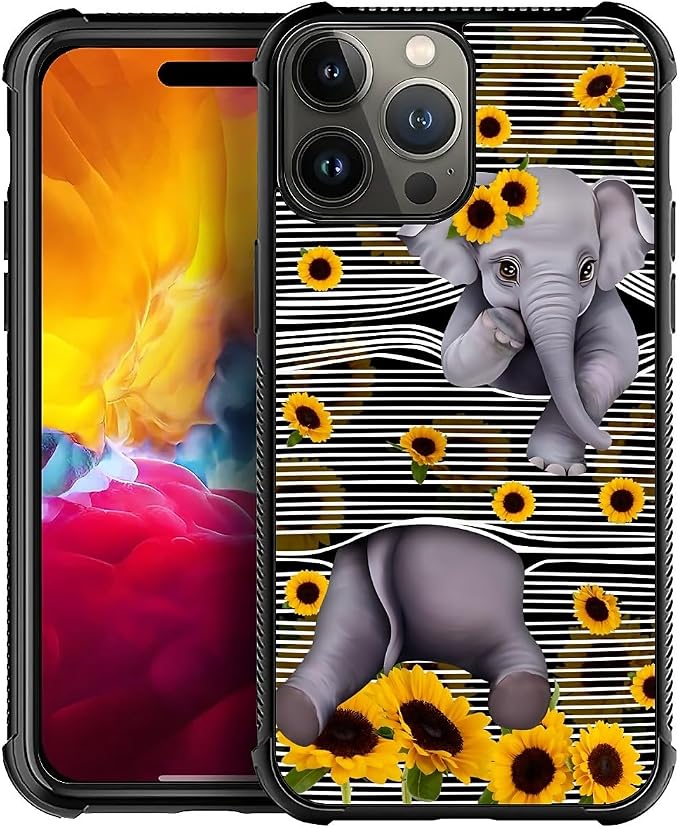 for iPhone 15 Pro Max Case, Cute Little Elephant Sunflower White Line Art by FKBRCL4U
