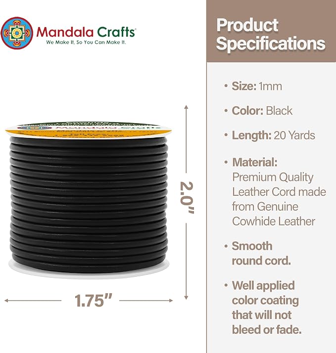 Mandala Crafts Round Cowhide Genuine Black Leather Cord - Image 2