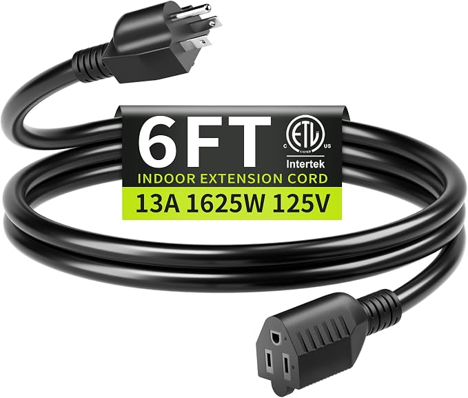 16/3 Black Extension Cord 6 FT Indoor, Short Extension Cord by Seeklyze