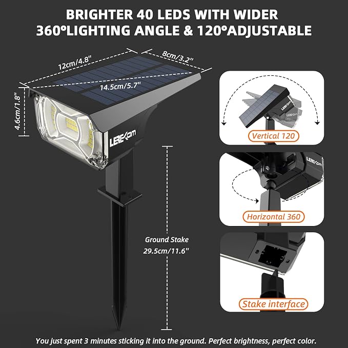LEREKAM Solar Spot Lights Outdoor, IP65 Waterproof 40 LEDs Landscape Spotlights - Image 6