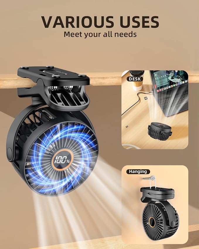 TUNISE Mini Clip on Fan, Battery Operated Desk Fan, Digital display，3 Speeds - Image 7