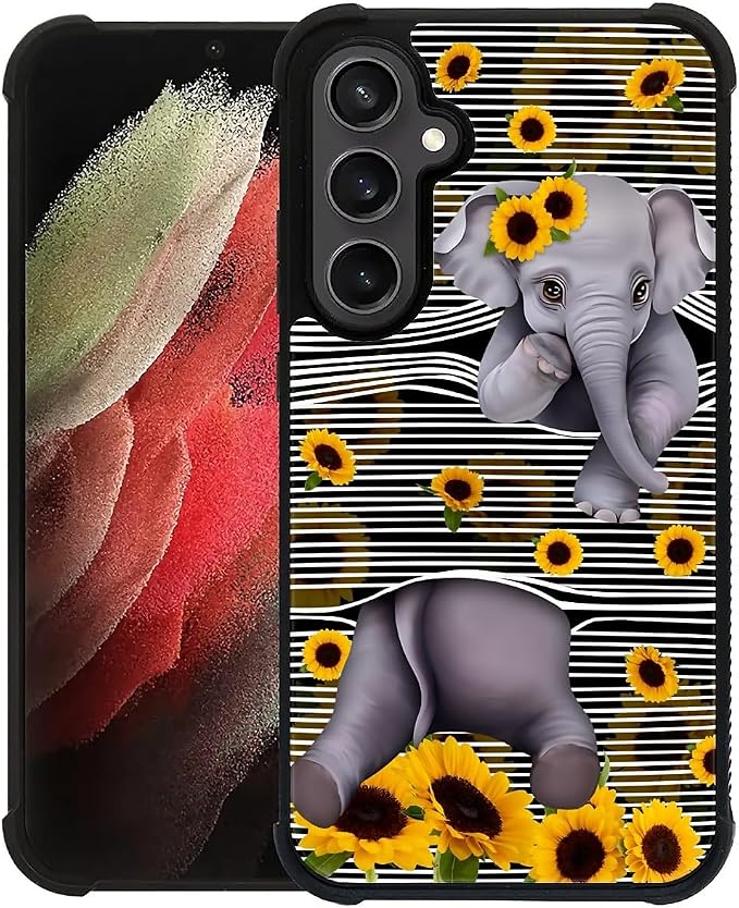 for Samsung Galaxy S23 FE Case, Cute Little Elephant Sunflower White Line Art by FKBRCL4U