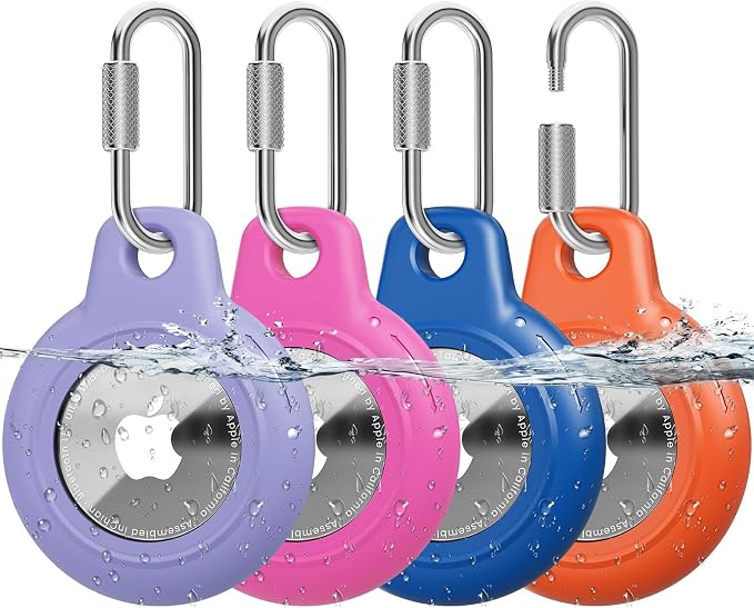 AirTag Holder with 304 Carabiner, 4 Pack IPX8 Waterproof Shockproof PC Hard Case by HOME