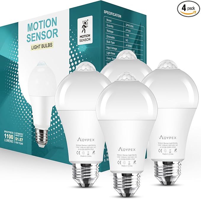 Motion Sensor Light Bulbs, 13W Movement Activated Dusk to Dawn Sensor LED Bulb by Aovpex