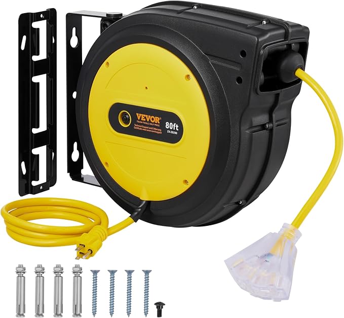 VEVOR 80FT Retractable Extension Cord Reel, 12AWG/3C SJTOW Heavy Duty Power by VEVOR