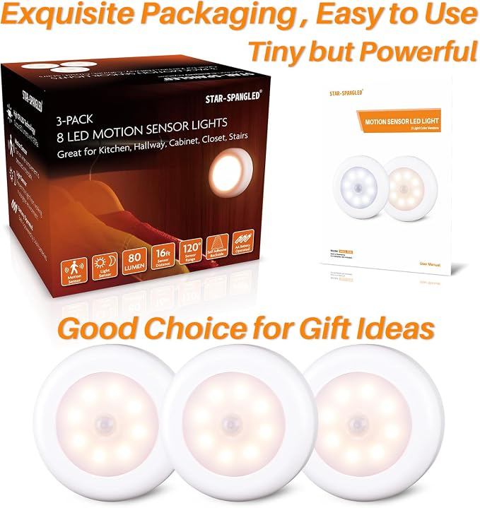 STAR-SPANGLED 3 Pack 3.1” Motion Sensor Lights Indoor AA Battery Operated - Image 8