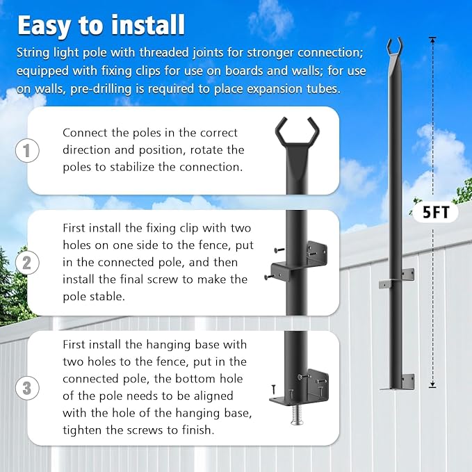 NUERPO 8 Pack String Light Poles, 5Ft Metal Poles - Image 7