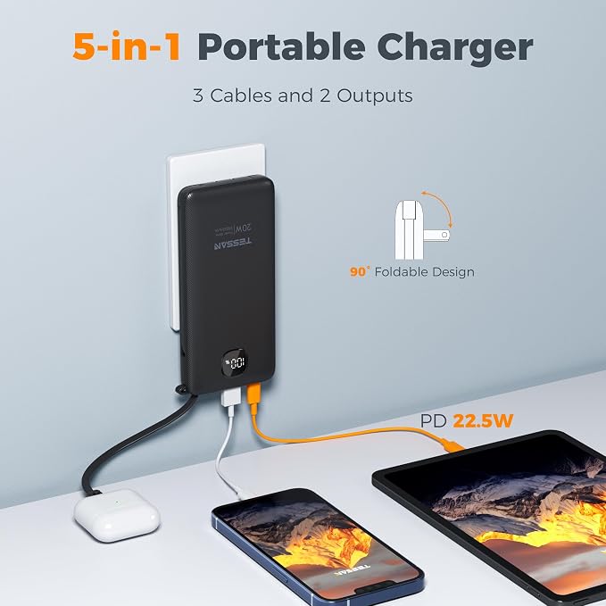 TESSAN Portable Charger with Built in Cables, 10000mAh Power Bank Fast Charging - Image 2