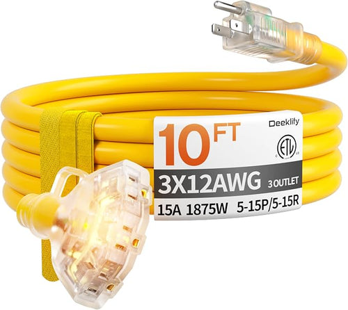 10 ft 12 Gauge Heavy Duty 3 Outlet Extension Cord Splitter by Deeklify