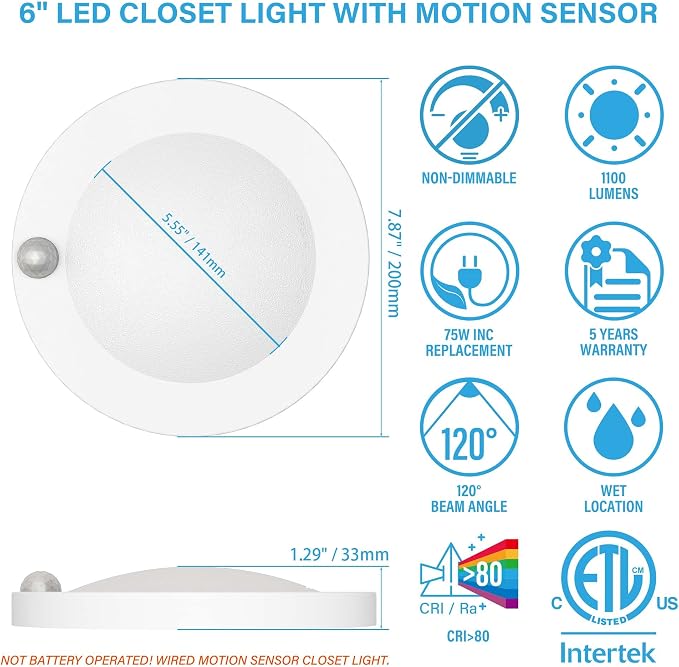 ZAGO LED 6" 120 Volts Closet Light Wired, PIR Motion Sensor Ceiling Disc Light - Image 2
