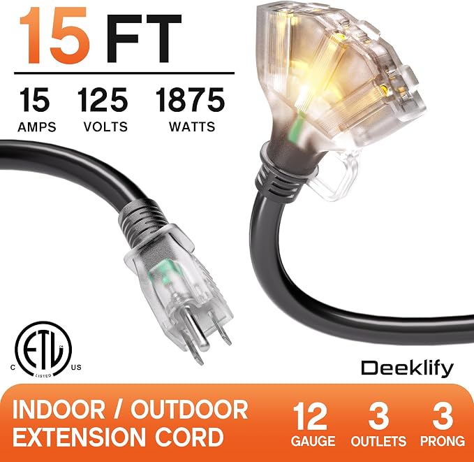 15 ft 12 Gauge Heavy Duty 3 Outlet Extension Cord Splitter - Image 2