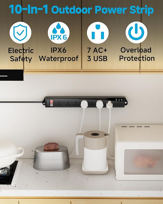 Outdoor Power Strip Weatherproof IPX6, 1625W/13A 10 Ft Extension Cord - Image 2