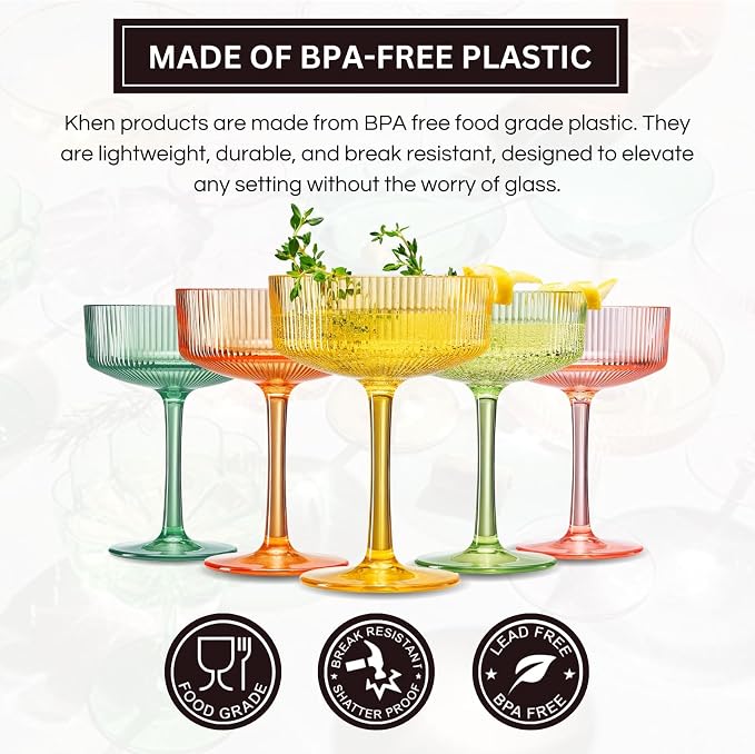 Khen Shatterproof Acrylic Ribbed Vintage Art Deco Martini, Champagne & Cocktail - Image 3
