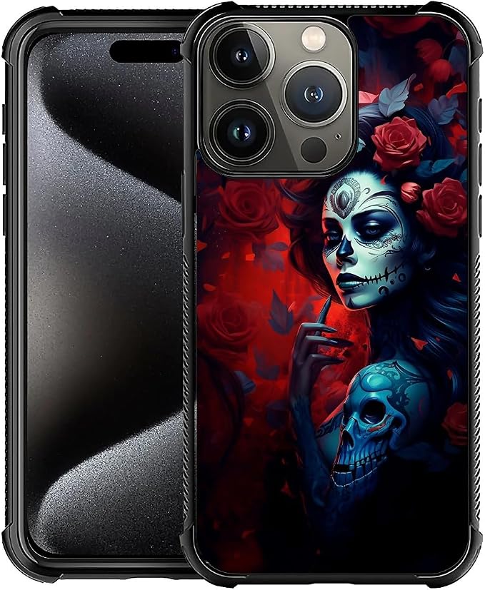 for iPhone 16 Pro Max Case, Skull Lady Rose Pattern Graphic Design Girl Boy by FKBRCL4U