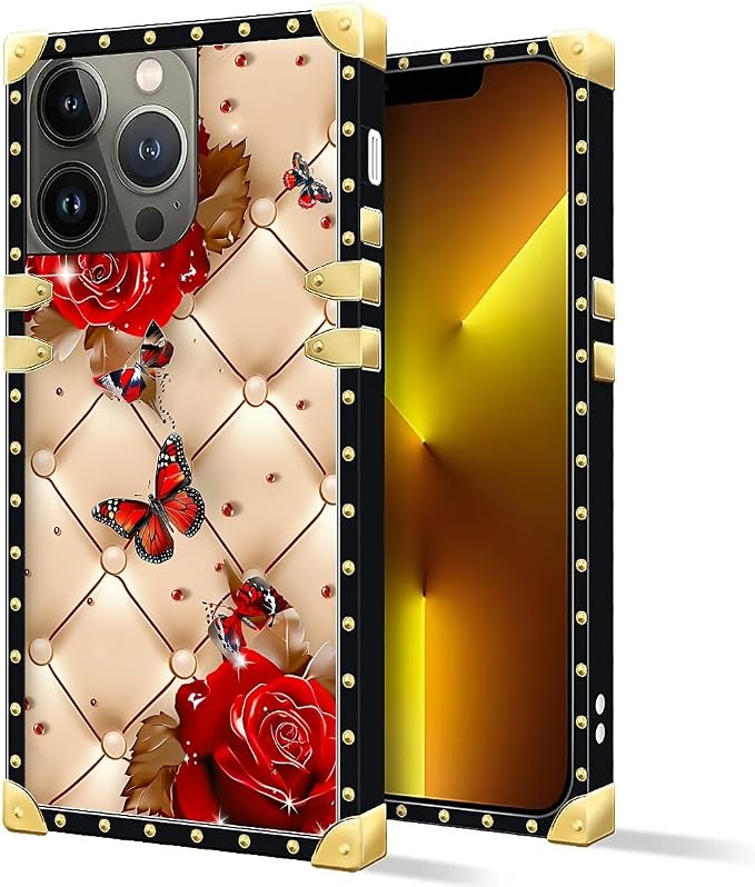 Compatible with iPhone 13 Pro Max Case, Shining Red Rose Butterfly Leather - Image 2