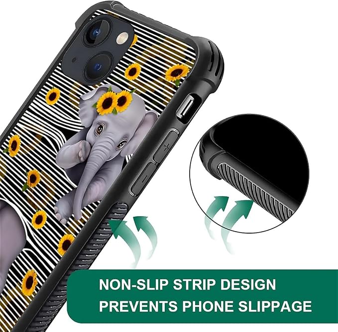 for iPhone 14 Plus Case, Cute Little Elephant Sunflower White Line Art Pattern - Image 6