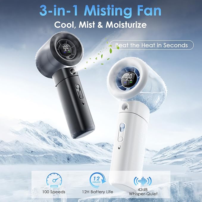 Portable Misting Fan Handheld Powerful Turbo Fan, 100 Speeds, 6000mAh - Image 2